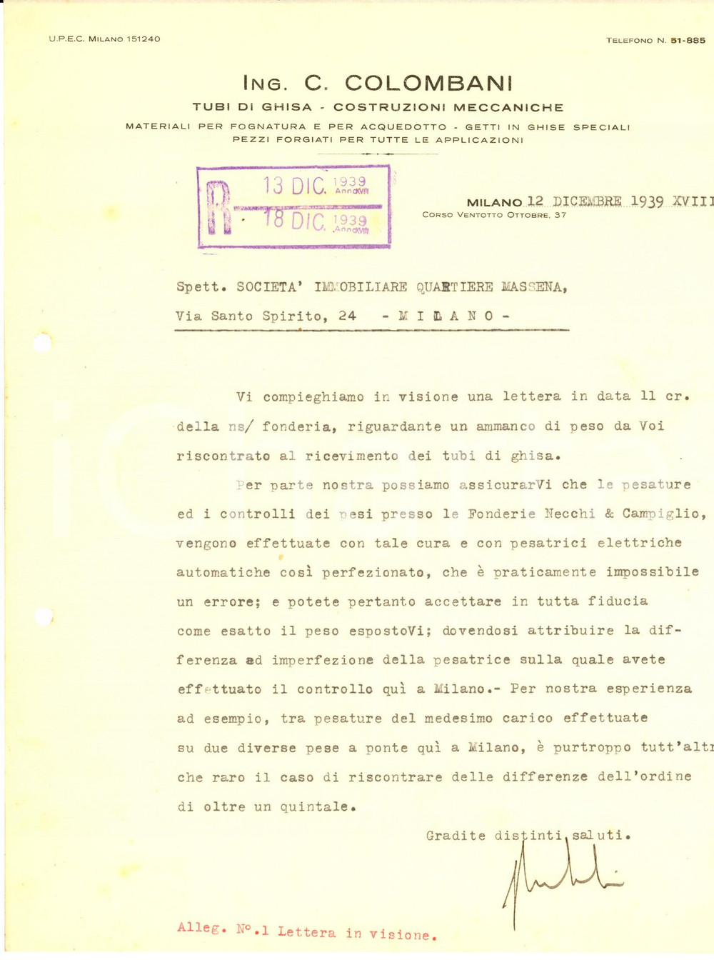 Documento originale, autentico 1939 MILANO Ing. COLOMBANI Tubi di ghisa  Costruzioni meccaniche Lettera 1