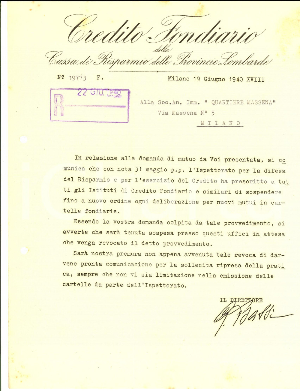1940 MILANO CREDITO FONDIARIO Lettera sulla sospensione di nuovi mutui