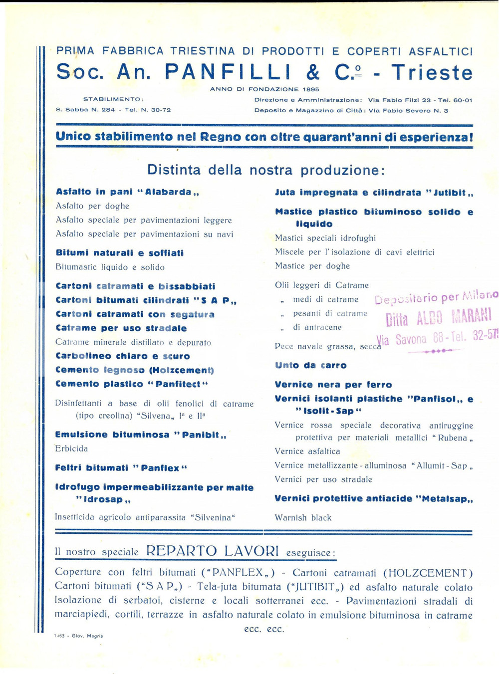 Documento originale, autentico 1940 ca TRIESTE Soc. An. PANFILLI Prodotti asfaltici  Distinta produzione 1