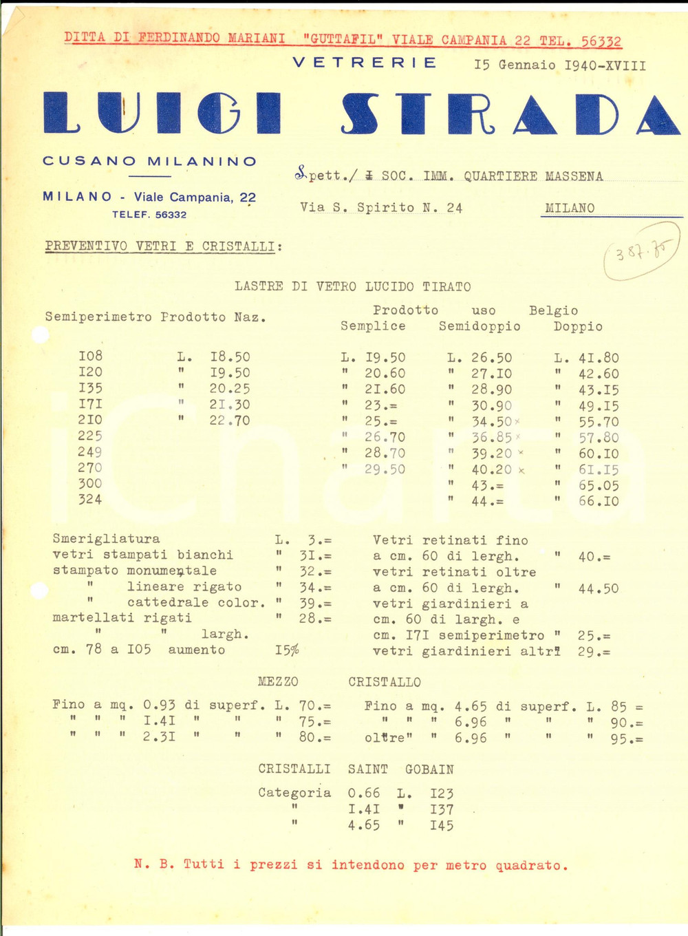 Documento originale, autentico 1940 ca MILANO Vetrerie Luigi STRADA Preventivo per lastre di vetro lucido 1