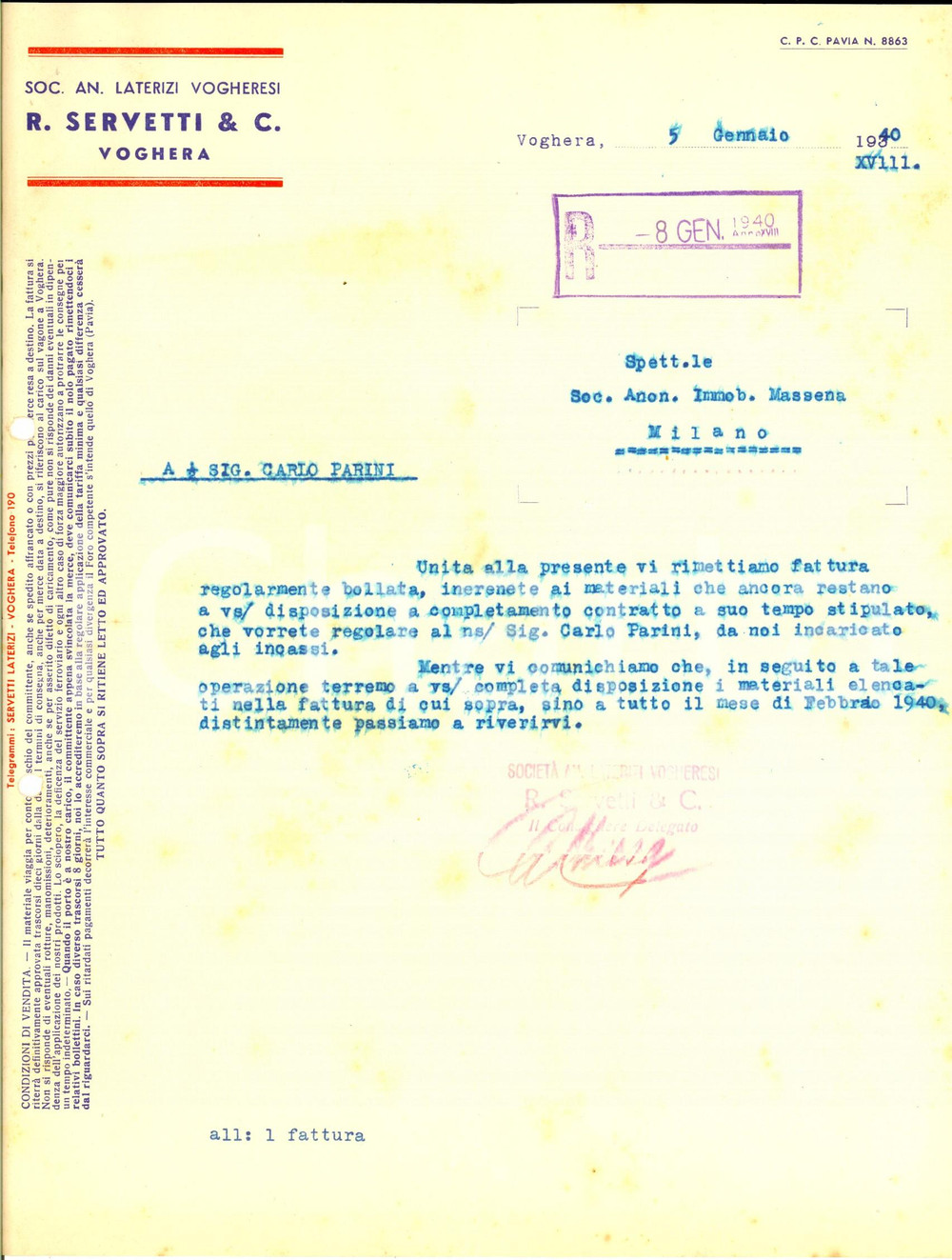 Documento originale, autentico 1940 VOGHERA PV Soc. An. laterizi Vogheresi R. SERVETTI Lettera commerciale 1