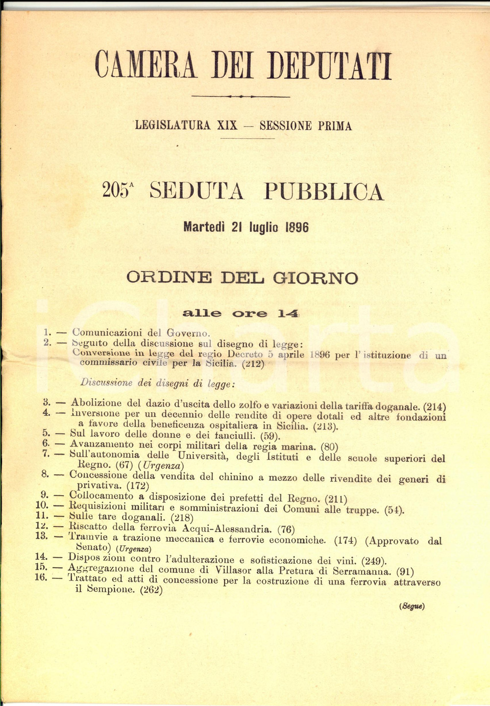 Documento originale, autentico 1896 CAMERA DEI DEPUTATI Legislatura XIX  Ordine del giorno Dazio zolfo 1