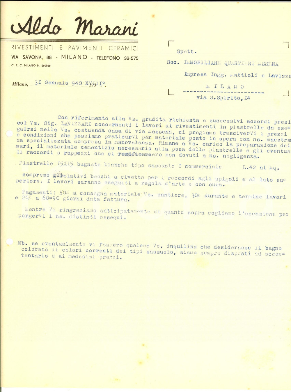 Documento originale, autentico 1940 MILANO Aldo MARANI Rivestimenti e pavimenti ceramici Preventivo 1