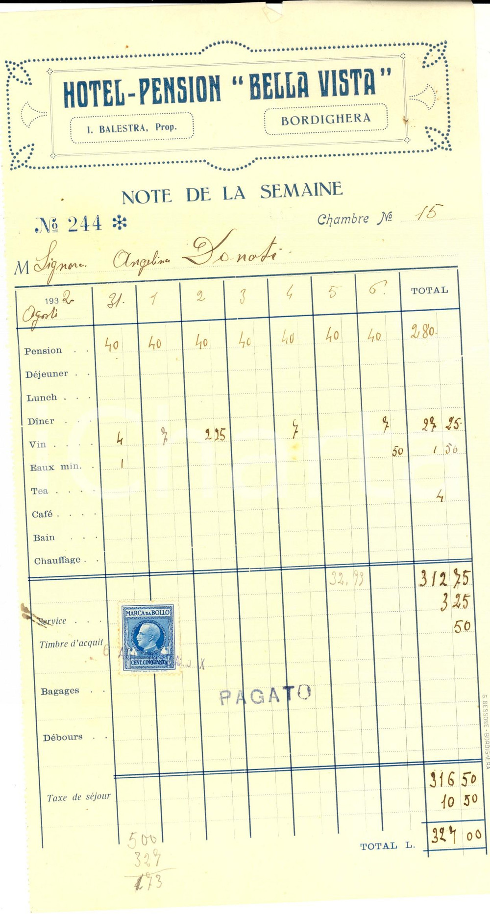 Documento originale, autentico 1932 BORDIGHERA IM Hotelpension BELLA VISTA di I. BALESTRA Ricevuta 1