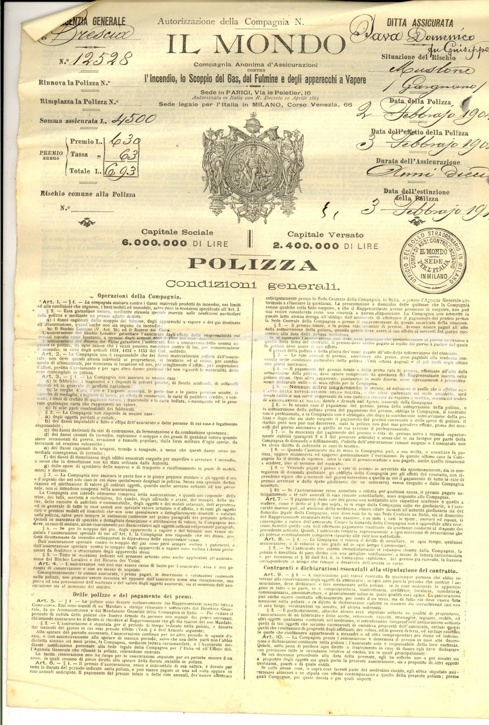Documento originale, autentico 1902 MUSLONE BS Compagnia IL MONDO Polizza Domenico FAVA incendio e fulmine 1