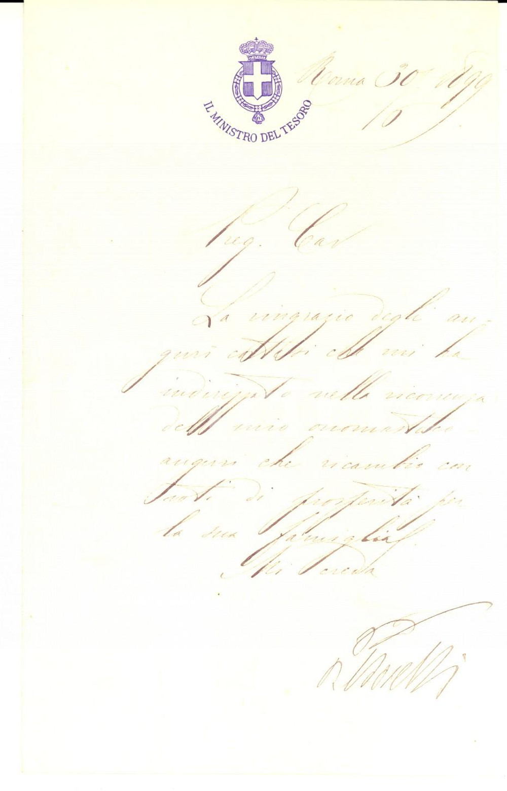 Autografo originale 1899 ROMA Ministro del Tesoro Paolo BOSELLI ringrazia per auguri AUTOGRAFO 1