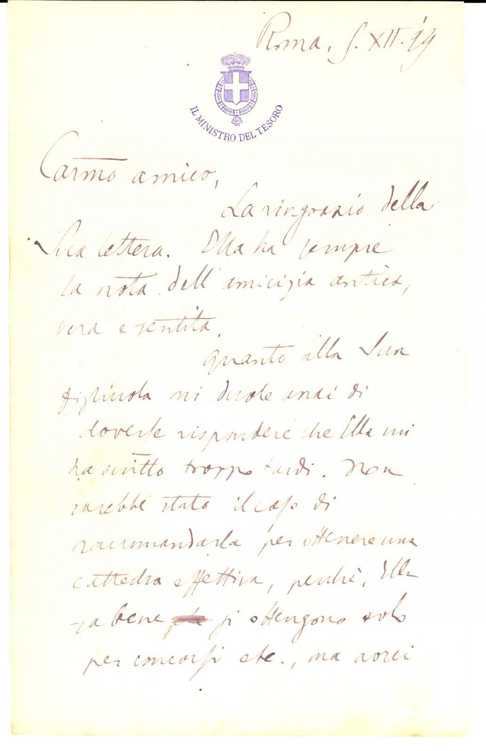 Autografo originale 1899 ROMA Ministro del Tesoro Paolo BOSELLI rifiuta raccomandazione AUTOGRAFO 1