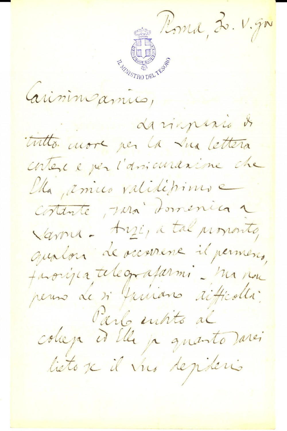 Autografo originale 1899 ROMA Ministro Paolo BOSELLI promette l invio di un volume AUTOGRAFO 1