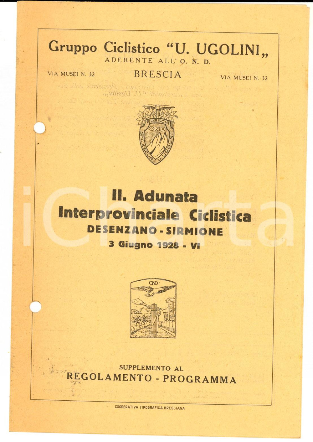 Documento originale, autentico 1928 CICLISMO BRESCIA Gruppo UGOLINI  II Adunata DESENZANOSIRMIONE Programma 1