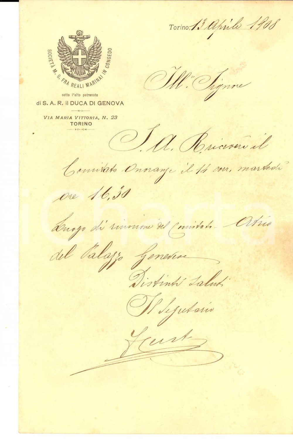 Manoscritto, lettera originale 1908 TORINO SocietÃ  Mutuo Soccorso REALI MARINAI in congedo annuncia riunione 1