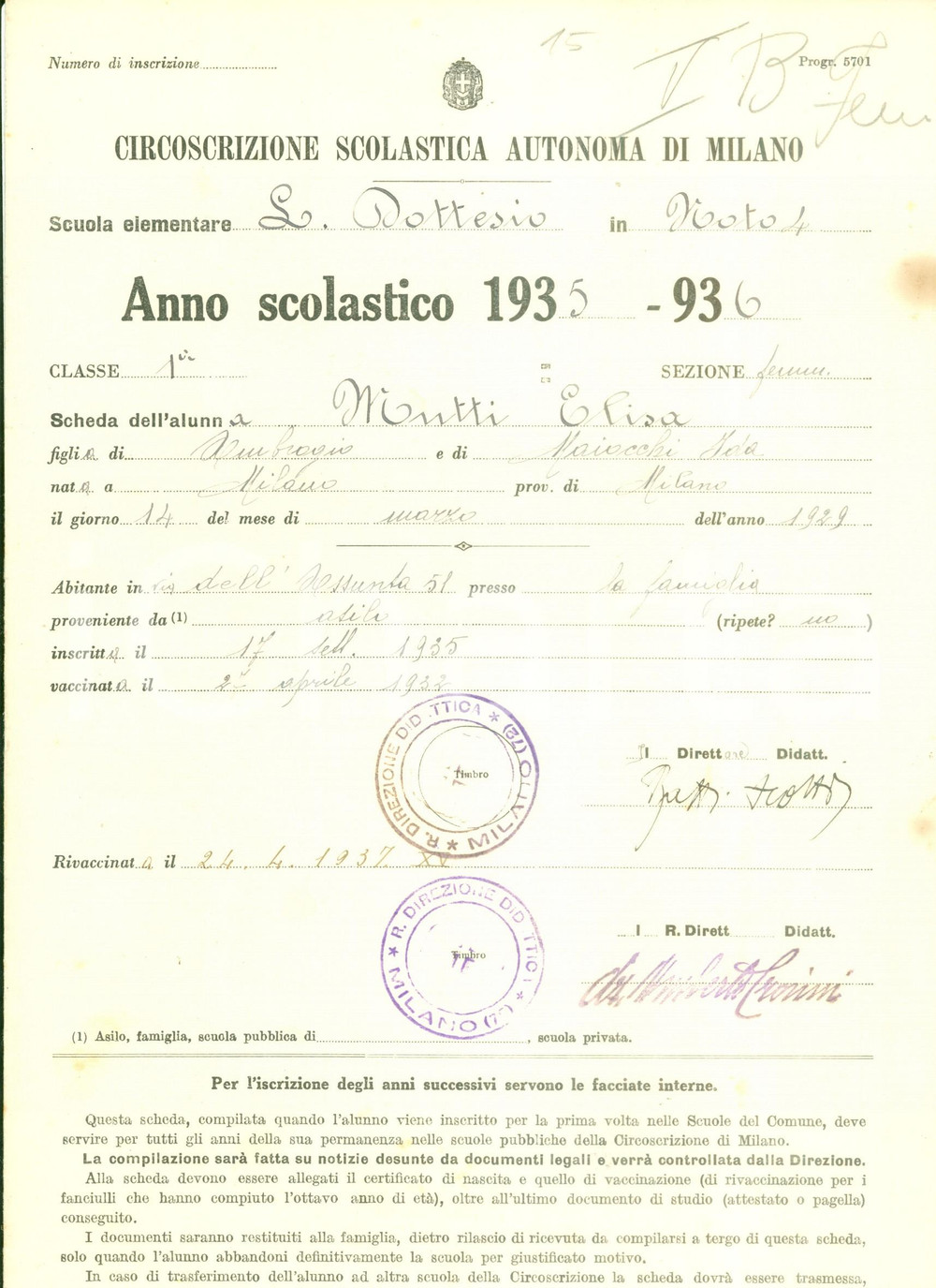 Oggetto da collezione cartaceo 1935 MILANO Scuola elementare DOTTESIO Scheda scolastica di Elisa MUTTI 1