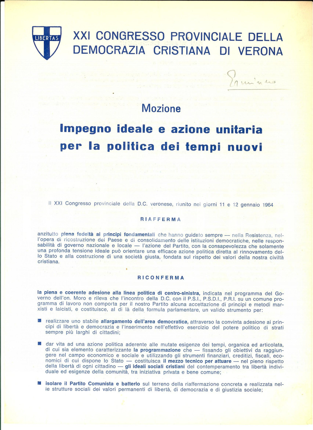 Materiale pubblicitario d’epoca 1964 VERONA XXI Congresso Provinciale DC  Per la politica dei tempi nuovi 1