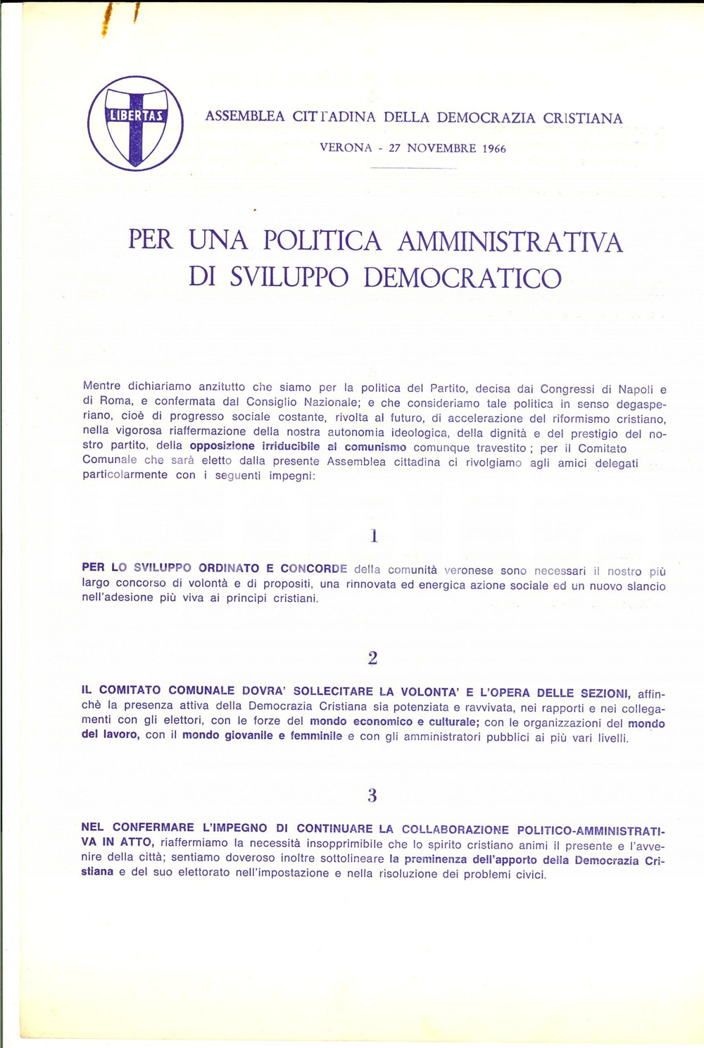 Materiale pubblicitario d’epoca 1966 VERONA Assemblea DEMOCRAZIA CRISTIANA Politica di sviluppo democratico 1 1