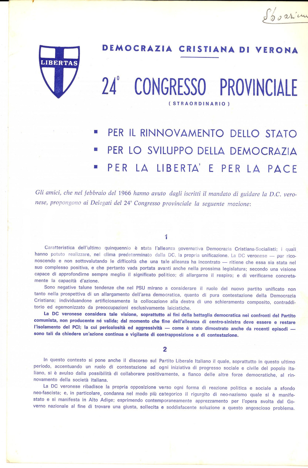 Materiale pubblicitario d’epoca 1967 VERONA XXIV Congresso Provinciale DEMOCRAZIA CRISTIANA  Pieghevole 1