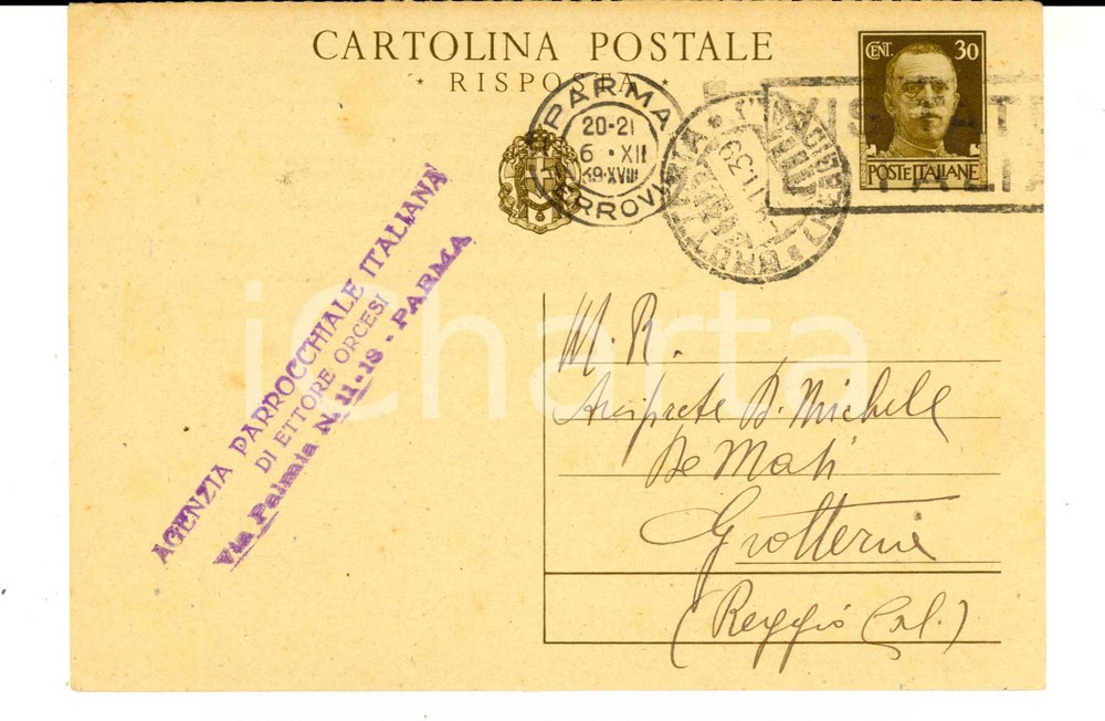 Cartolina originale da collezione 1949 PARMA Agenzia parrocchiale Ettore ORCESI rifiuta ordine don Michele DE MASI 1