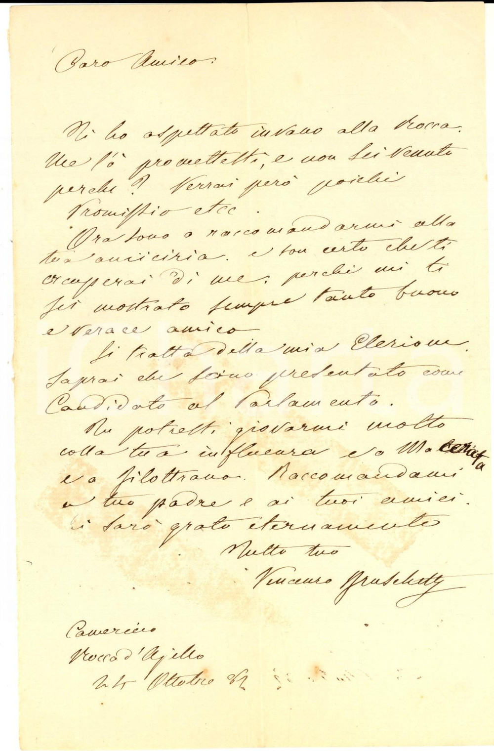 Manoscritto, lettera originale 1882 ROCCA D AJELLO MC Vincenzo FRASCHETTI candidato al Parlamento Lettera 1
