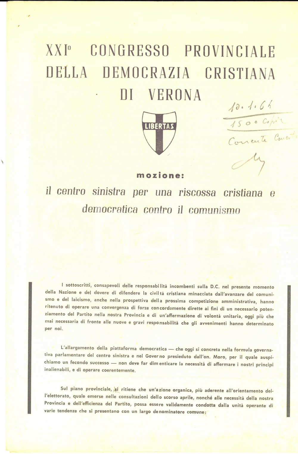 Materiale pubblicitario d’epoca 1964 VERONA XXI Congresso Provinciale DC  Riscossa contro il comunismo 1