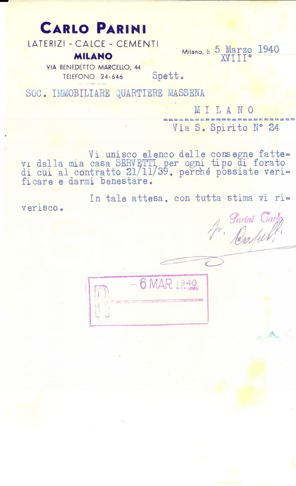 Documento originale, autentico 1940 MILANO Carlo PARINI Laterizi  calce  cementi Lettera commerciale 1