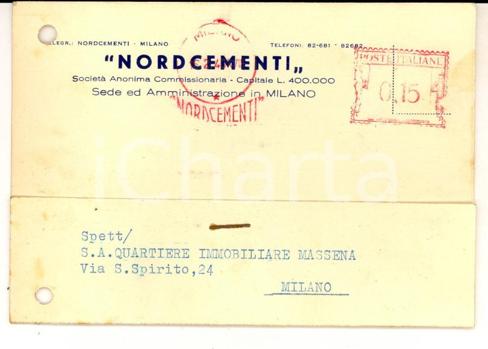Cartolina originale da collezione 1940 MILANO SocietÃ  NORDCEMENTI Cartolina intestata per ordine FG VG 1