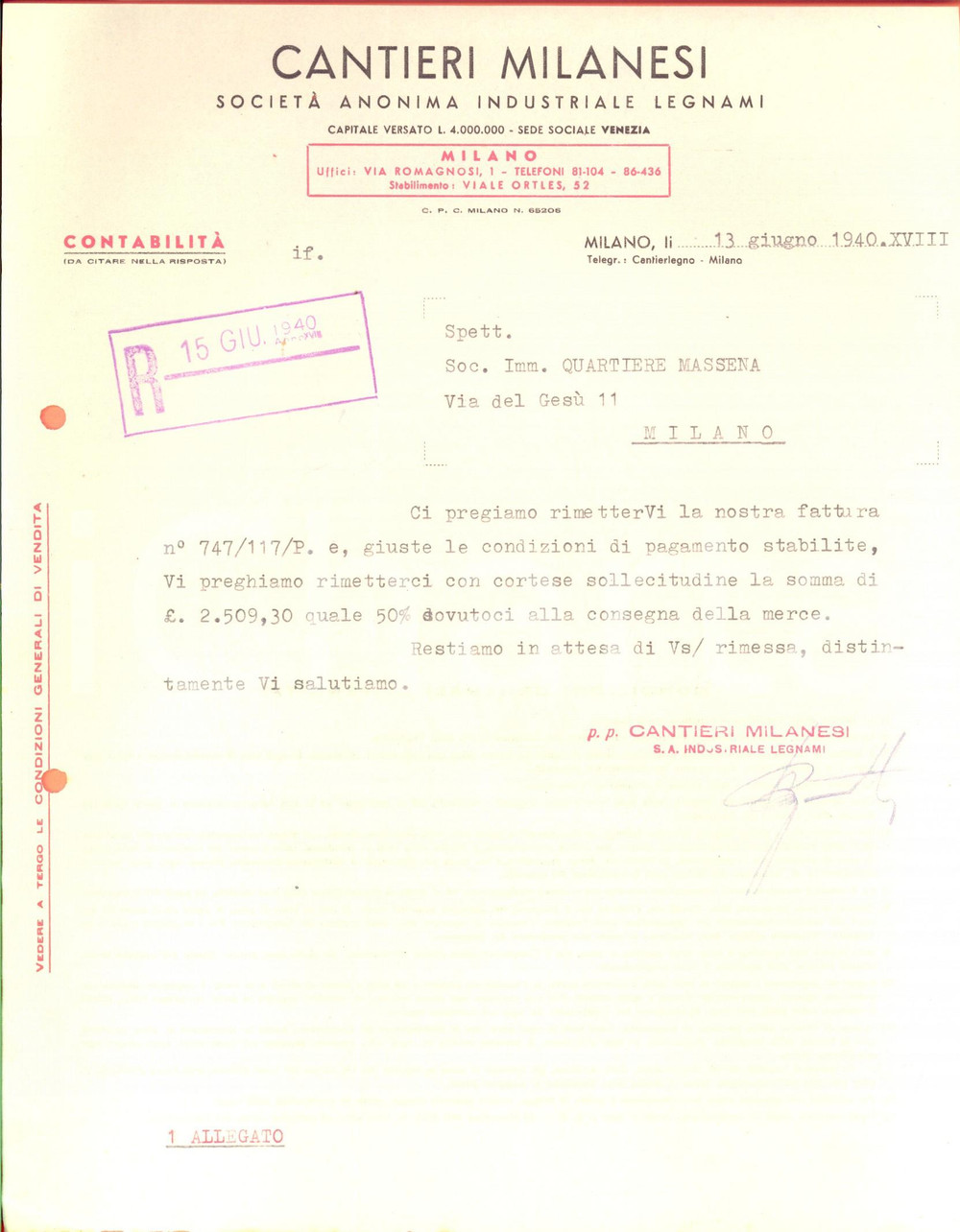 Documento originale, autentico 1940 MILANO SocietÃ  CANTIERI MILANESI Industriale legnami Lettera commerciale 1