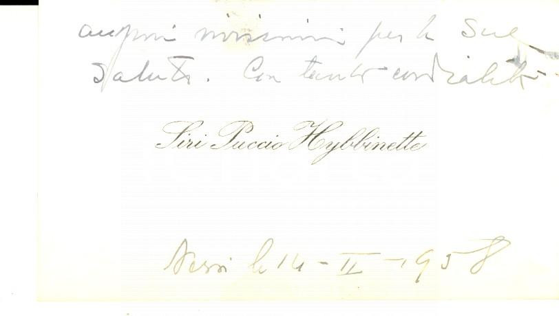 Oggetto da collezione cartaceo 1958 GENOVA NERVI Biglietto da visita Siri PUCCIO HYBBINETTE 1