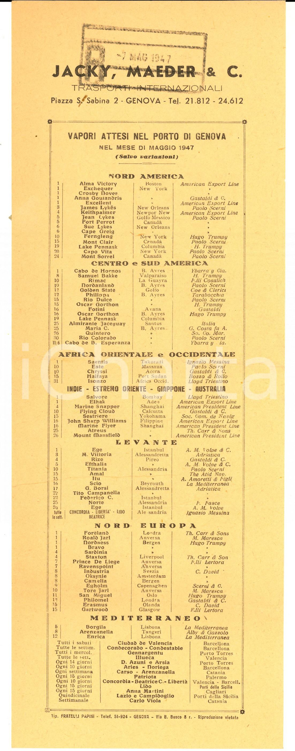 Documento originale, autentico Maggio 1947 GENOVA Trasporti JACKY, MAEDER & C.  Vapori attesi nel porto 1