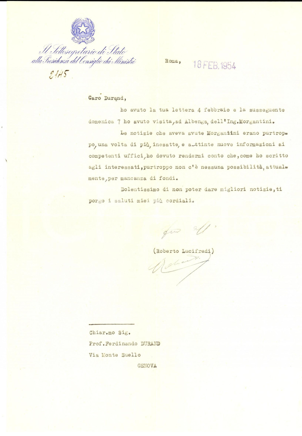 Autografo originale 1954 ROMA Roberto LUCIFREDI nega a DURAND l aiuto richiesto Autografo 1