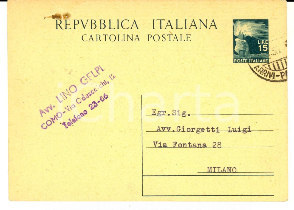 Autografo originale 1950 COMO Avv. Lino GELPI  Cartolina a un collega AUTOGRAFO FG VG 1