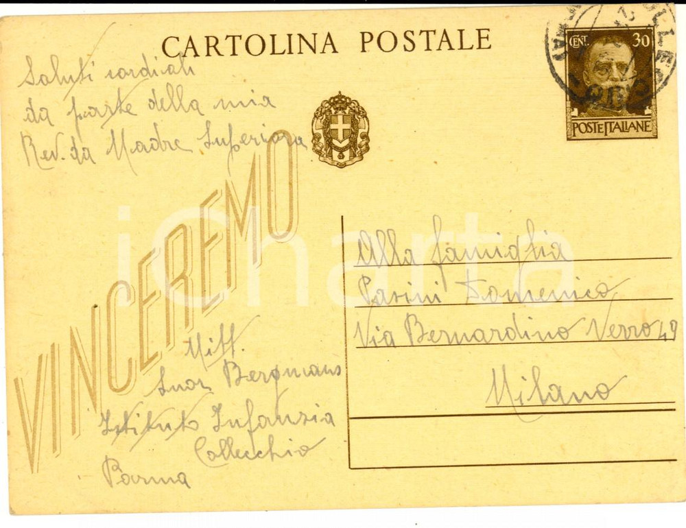 Cartolina originale da collezione 1943 WW2 COLLECCHIO PR Suor BERGMANS invoca protezione MADONNA DELLA BOMBA 1
