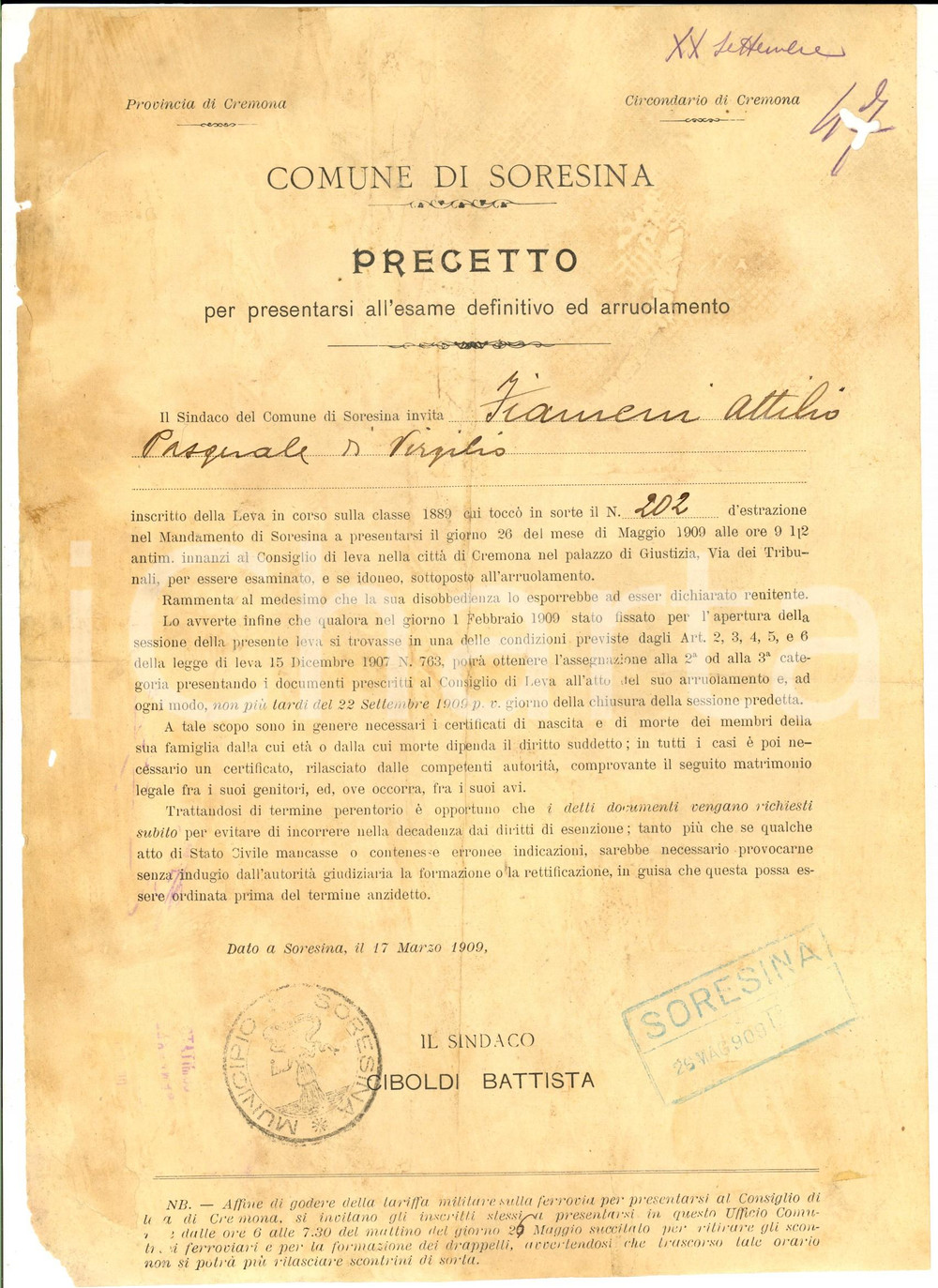 Documento originale, autentico 1909 SORESINA CR Precetto per arruolamento di Attilio FIAMENI DANNEGGIATO 1