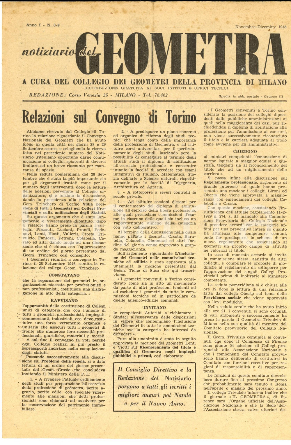 Giornale, rivista storica 1946 MILANO Notiziario del GEOMETRA Relazioni Convegno di Torino Anno I nÂ°89 1
