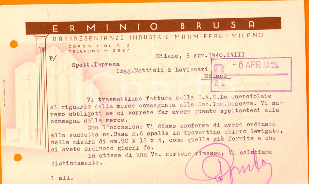 Documento originale, autentico 1940 MILANO Erminio BRUSA Industrie marmifere Lettera commerciale 1
