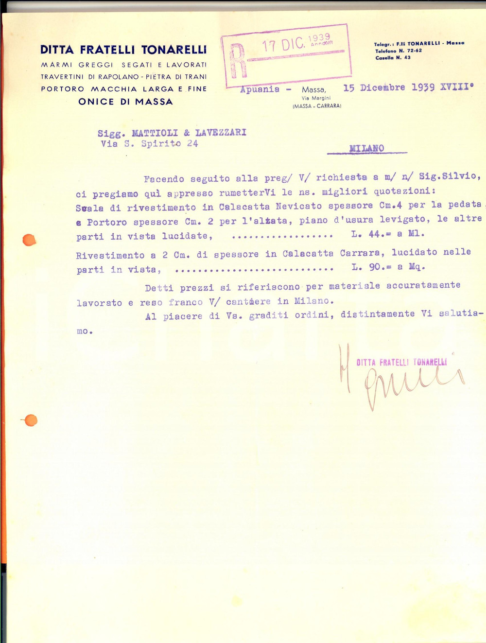 Documento originale, autentico 1939 MASSA Ditta FRATELLI TONARELLI Marmi greggi segati e lavorati Lettera 1