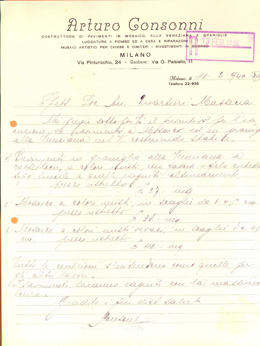 Documento originale, autentico 1940 MILANO Arturo CONSONNI Costruttore di pavimenti Lettera commerciale 1