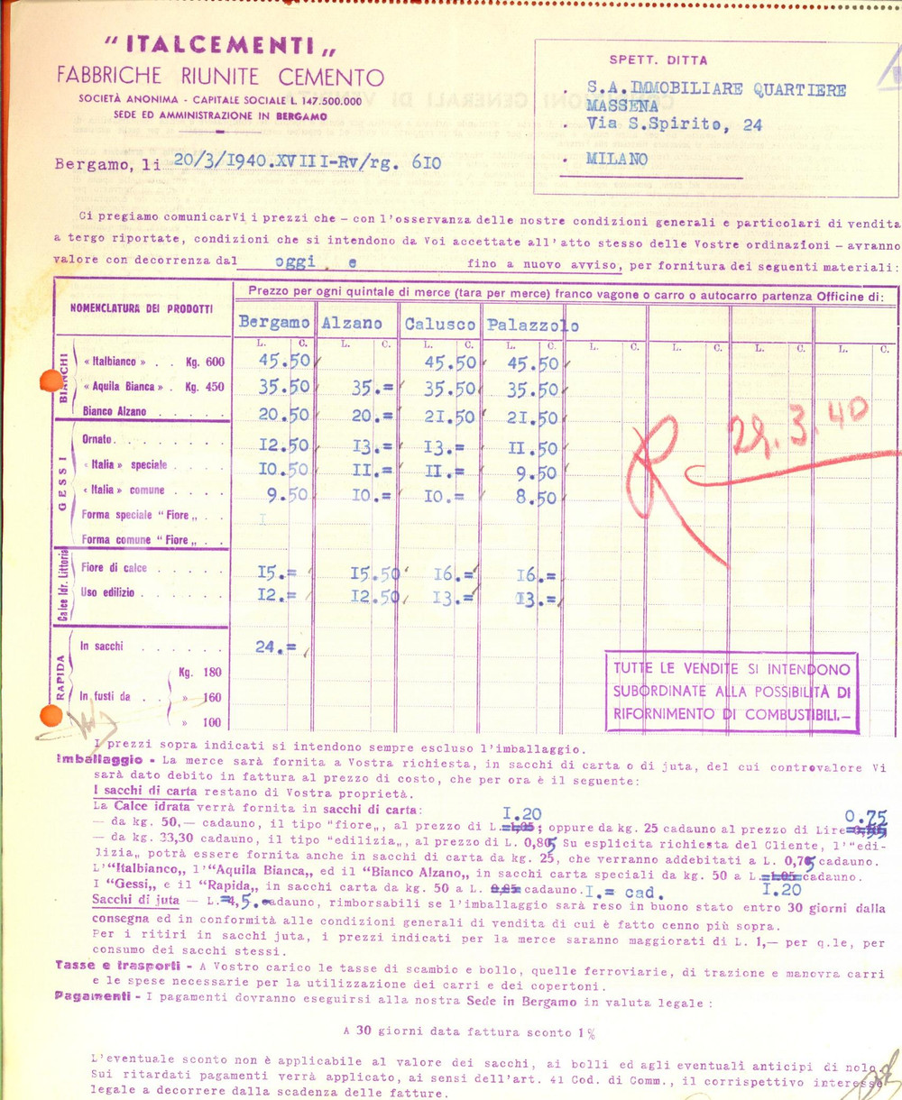 Documento originale, autentico 1940 BERGAMO SocietÃ  ITALCEMENTI Fabbriche riunite cemento Listino 1
