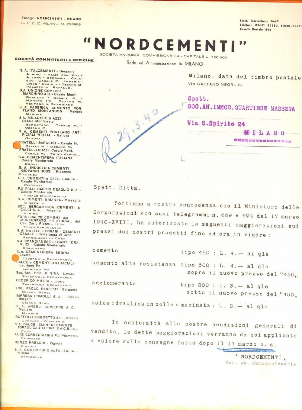 Documento originale, autentico 1940 MILANO SocietÃ  Anonima Commissionaria NORDCEMENTI Lettera nuovi prezzi 1