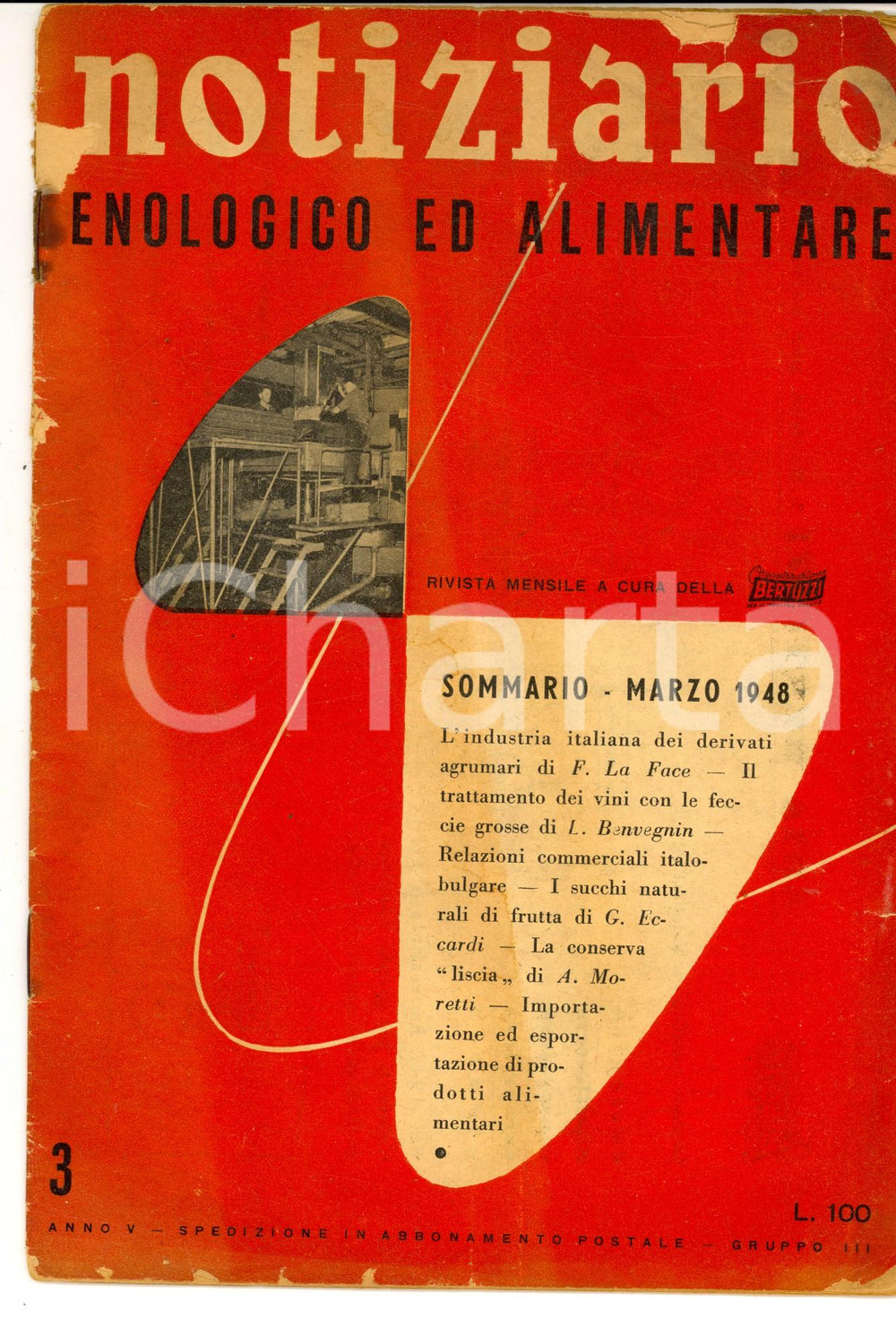 Giornale, rivista storica Marzo 1948 NOTIZIARIO ENOLOGICO ED ALIMENTARE Vini con fecce Anno V 1