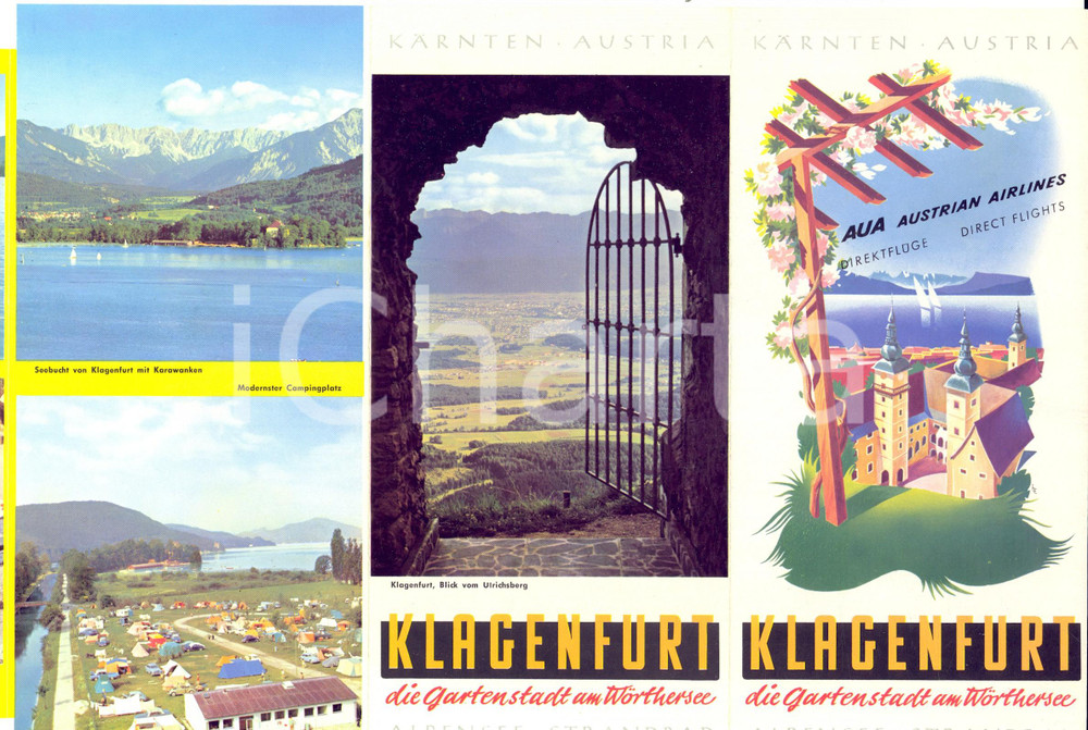 Materiale pubblicitario d’epoca 1970 ca KLAGENFURT AUSTRIA Pieghevole illustrato TURISMO AUSTRIAN AIRLINES 1