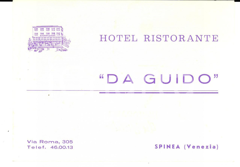 Materiale pubblicitario d’epoca 1960 ca SPINEA VE Hotel ristorante DA GUIDO Cartoncino pubblicitario 15x11 cm 1