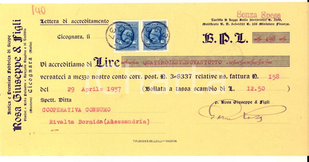 Documento originale, autentico 1930 CICOGNARA MN Fabbrica di scope Giuseppe ROSA Assegno pubblicitario 1