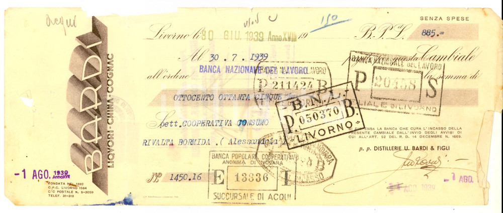 Documento originale, autentico 1939 LIVORNO Ditta BARDI Liquori  china  cognac Cambiale pubblicitaria 1