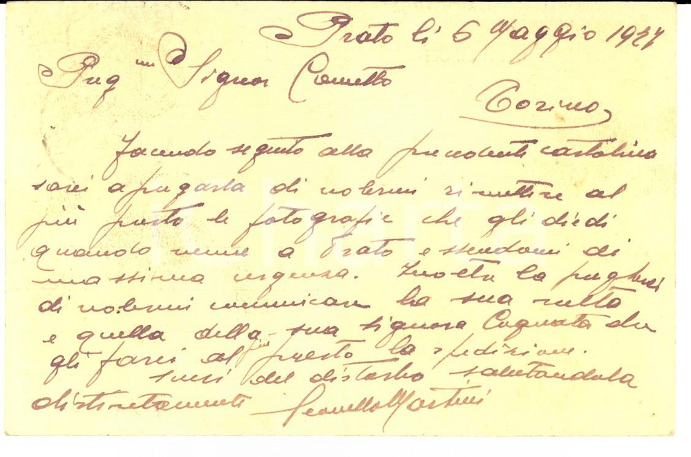 Manoscritto, lettera originale 1927 PRATO Cartolina Leonello MARTINI a Delfino COMETTO per fotografie 1