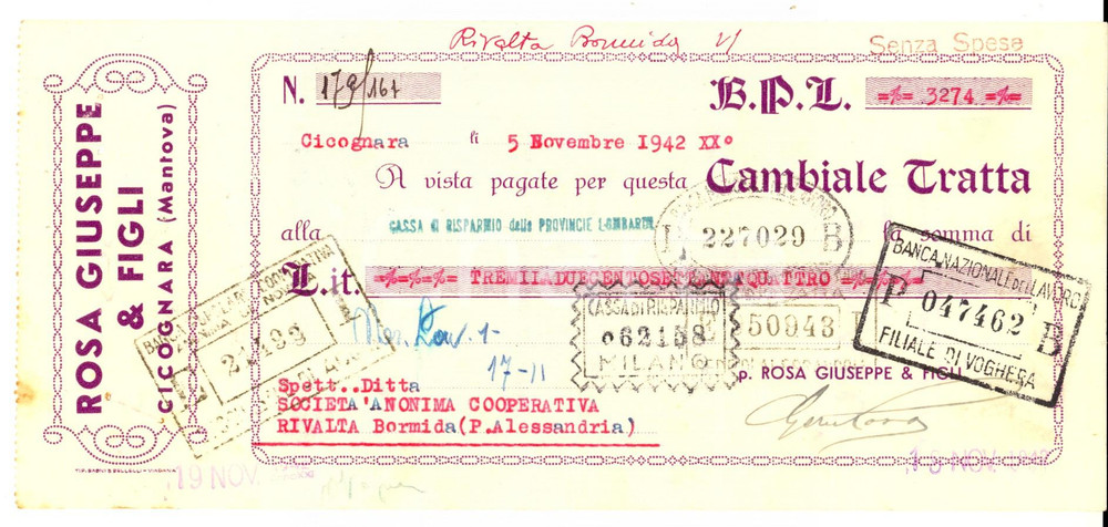 Documento originale, autentico 1942 CICOGNARA MN Fabbrica di scope Giuseppe ROSA Cambiale pubblicitaria 1