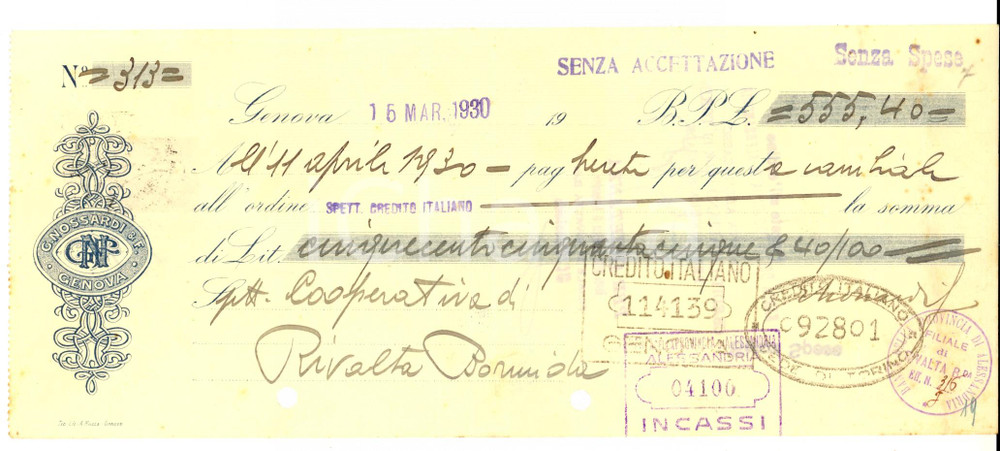 Documento originale, autentico 1930 GENOVA Ditta G. NOSSARDI & Figli Cambiale pubblicitaria 1