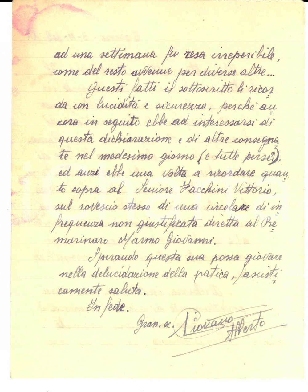 1942 TORINO Alberto PIOVANO sulla dispensa al premarinaio Giovanni MARMO