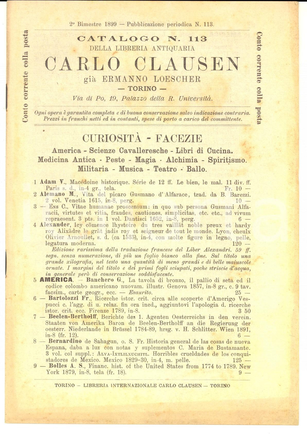 Libro, pubblicazione d epoca 1899 TORINO Catalogo libreria Carlo CLAUSEN n. 113 Curiosità  e facezie 1