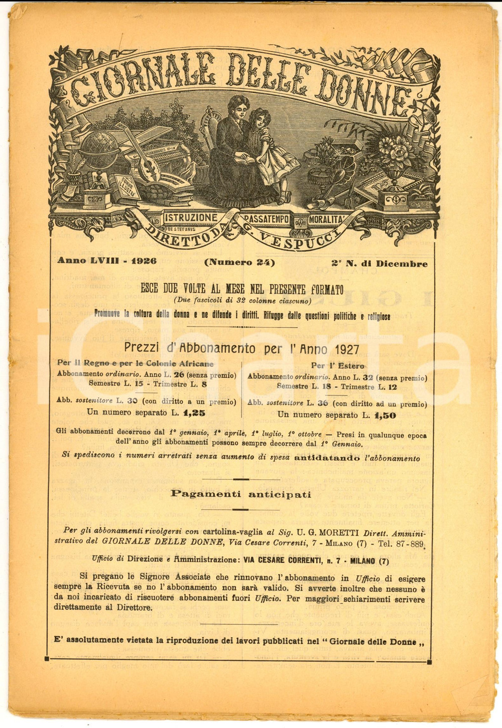 1926 MILANO Rivista GIORNALE DELLE DONNE Anno LVIII nÂ°24 *Figli dell'altra mamma CONDIZIONI: poor    originale e autentica 1
