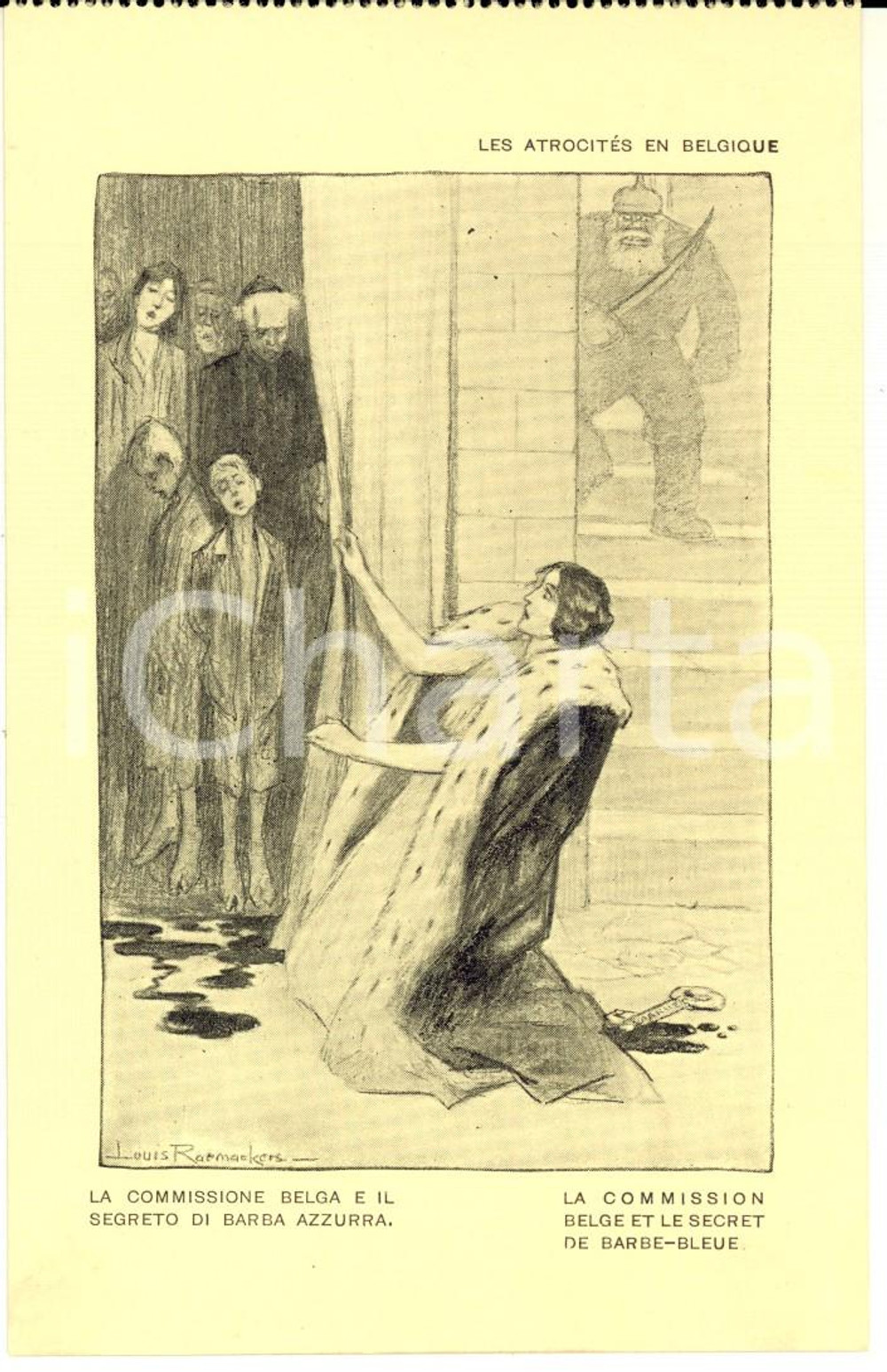 Cartolina originale da collezione 1917 WW1 SATIRA DI GUERRA AtrocitÃ©s en Belgique  Barba azzurra Cartolina 1