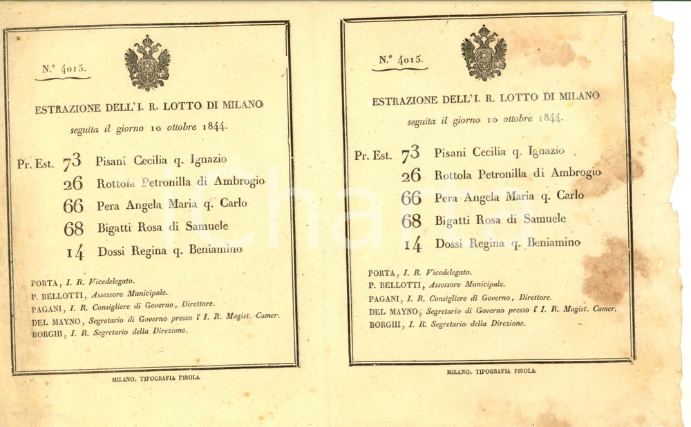 Documento originale, autentico 1844 MILANO Estrazione I. R. LOTTO 10 ottobre n° 4015 DANNEGGIATO 1