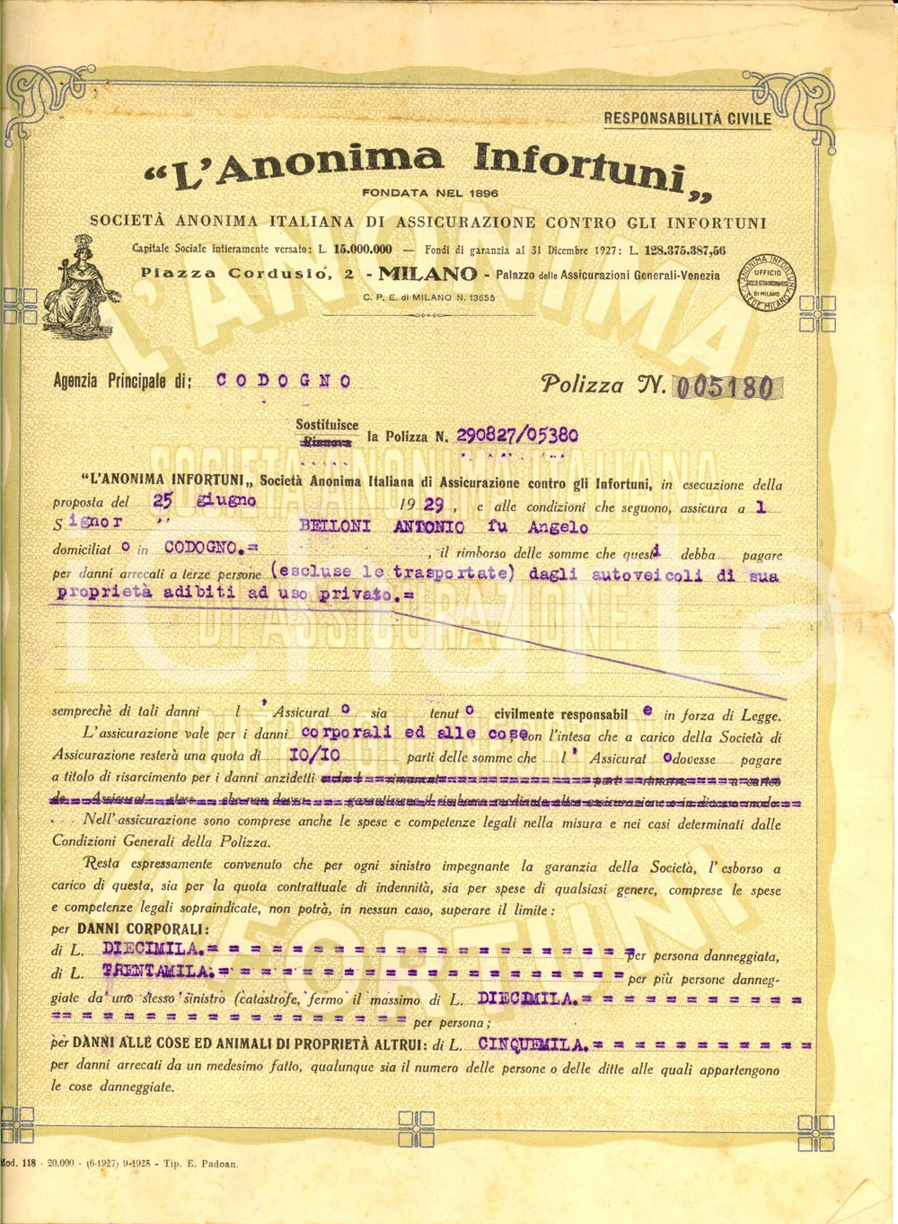 Documento originale, autentico 1929 CODOGNO LO ANONIMA INFORTUNI Assicurazioni  Polizza Antonio BELLONI 1